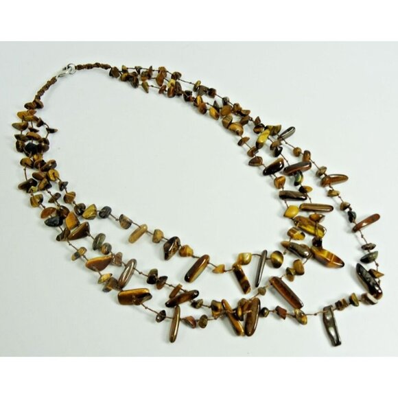 Multi-Strand Tigereye Necklace Triple-Strand Tigerseye Brown Stone 20" - Picture 5 of 6